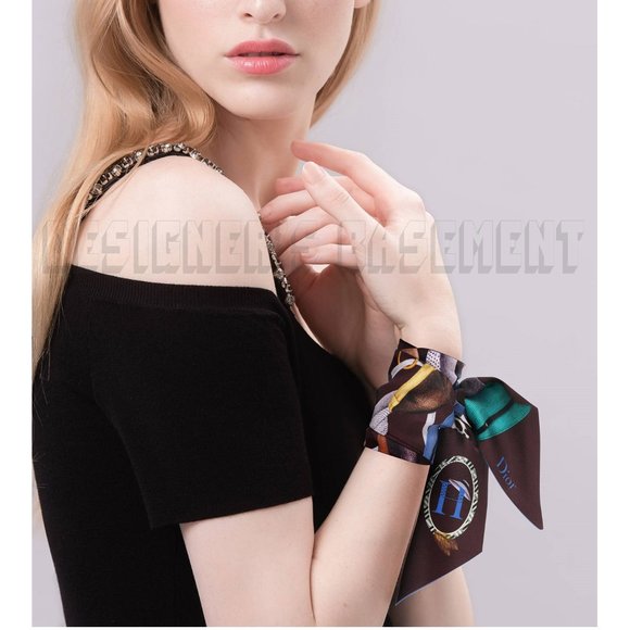 CHRISTIAN DIOR brown "H" for HATS ABCDIOR MITZAH skinny 2-sided Silk scarf NIB - Picture 5 of 6